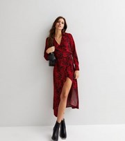New Look Red Leopard Print Long Sleeve Midi Wrap Dress